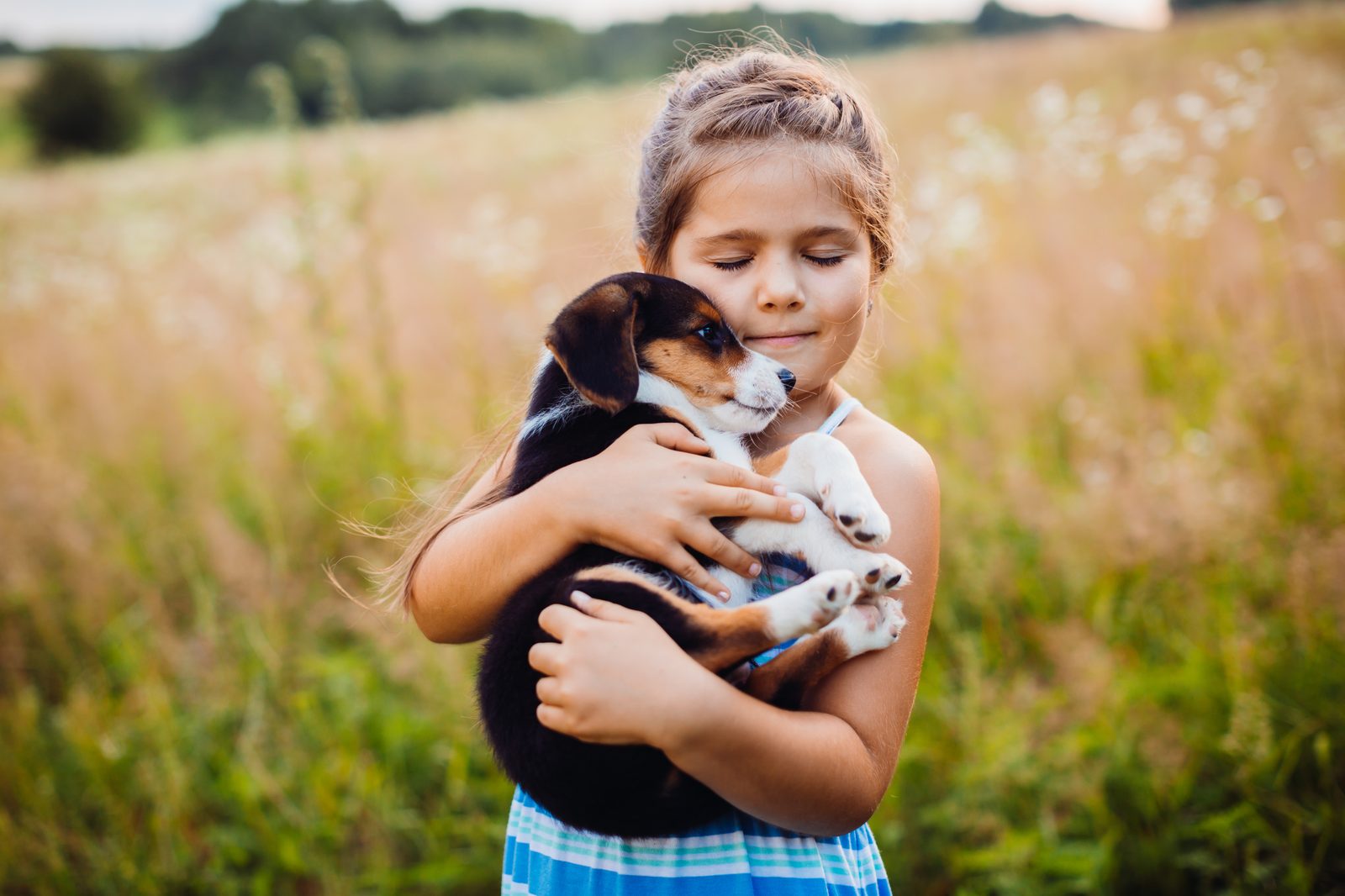 A young girl holding a rescued puppy in her arms
